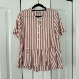 NWT Madewell Courtyard Striped Ruffle Blouse - Pink and White